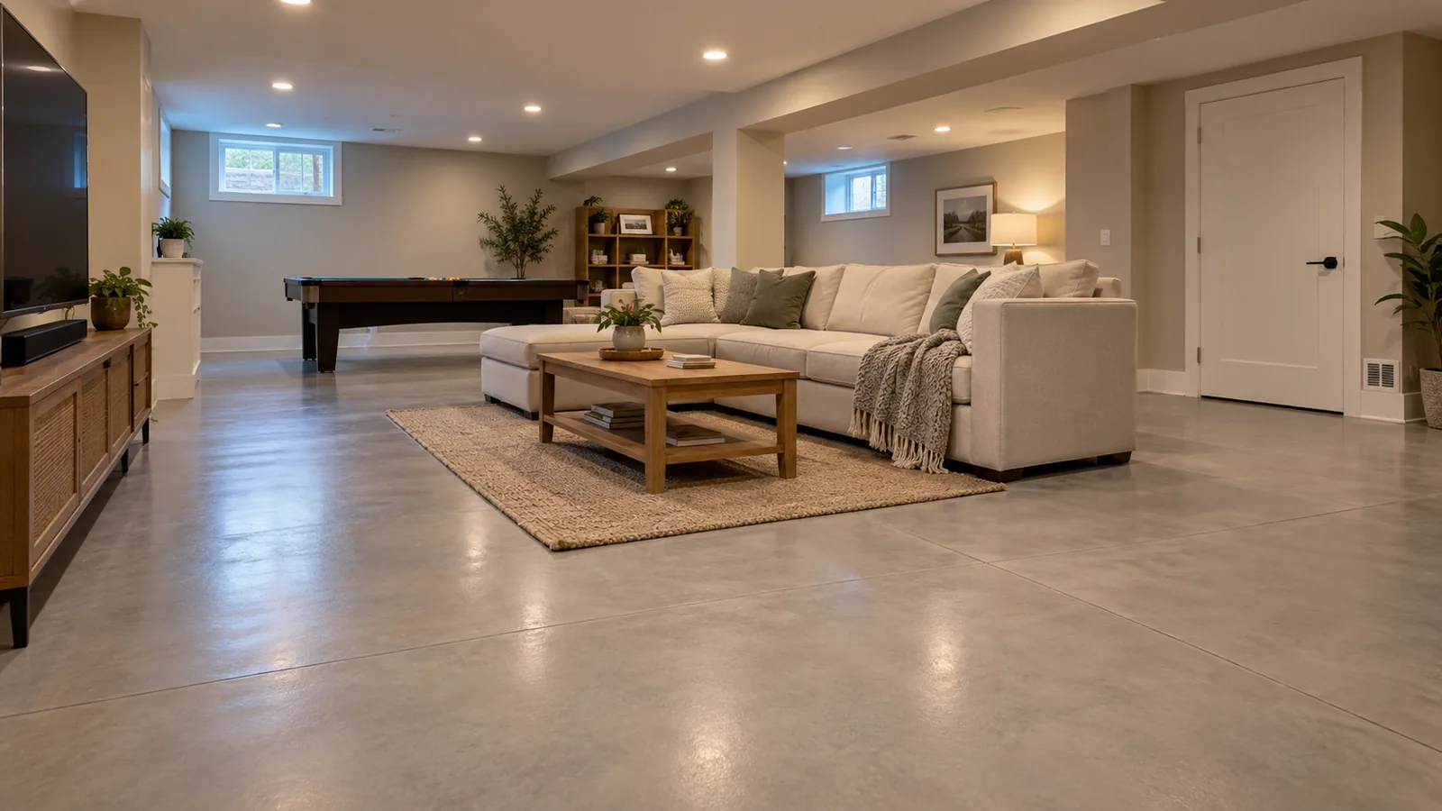 Illustrative finished basement with a smooth light-grey coated concrete floor.