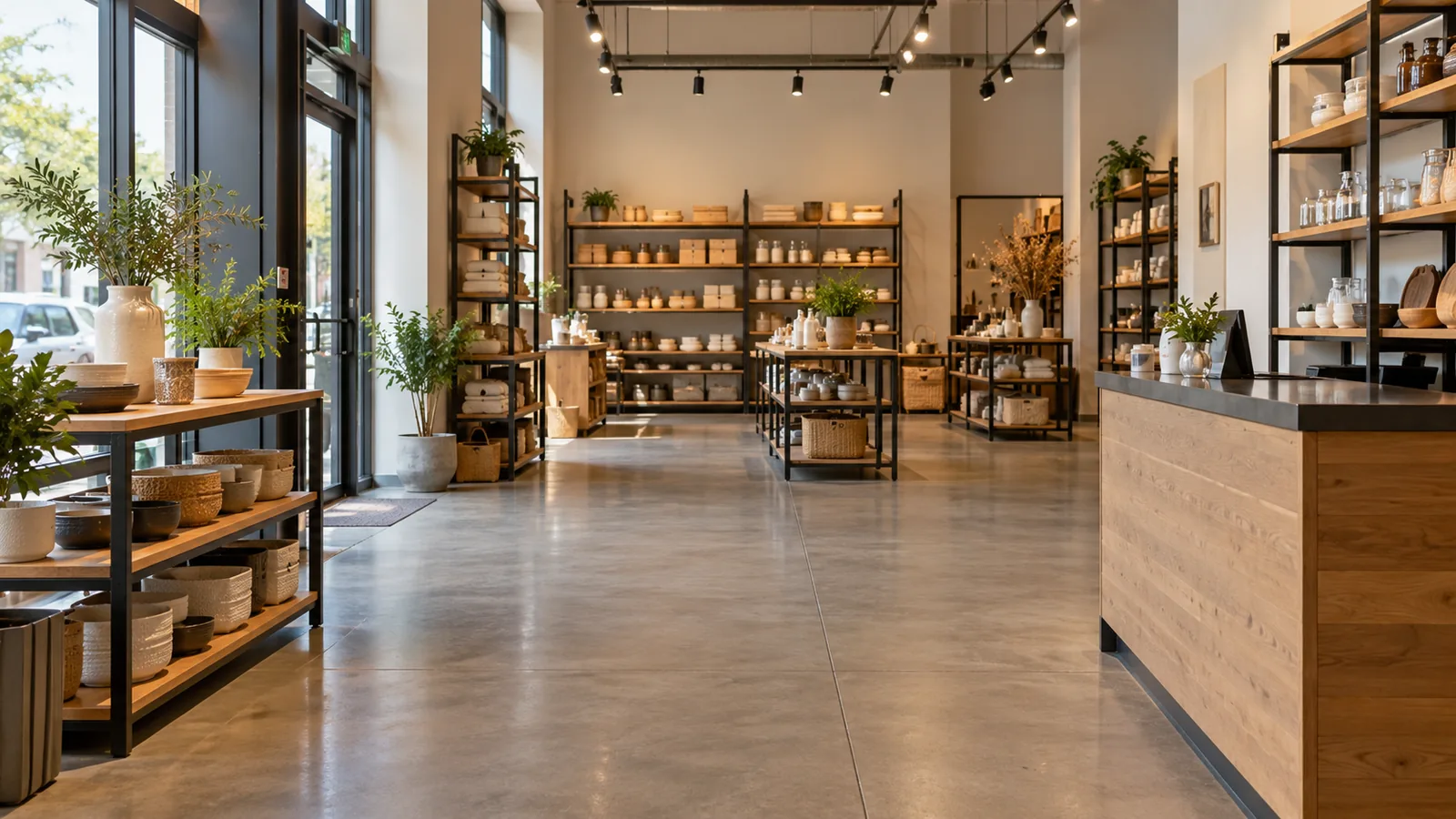 Illustrative retail shop with a smooth light floor coating between display shelves.