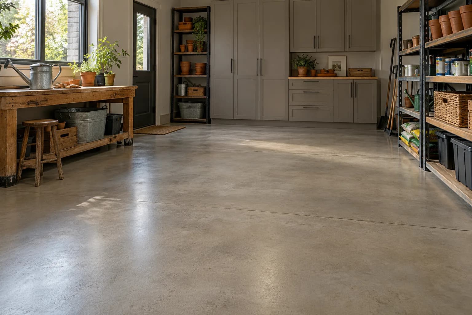 Illustrative utility room with a solid warm-grey concrete floor coating.