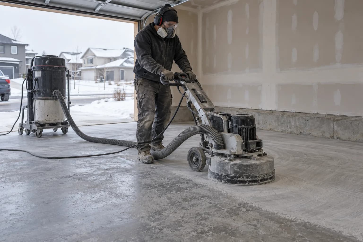 Illustrative concrete grinding in a garage, with dust extraction connected to the machine.