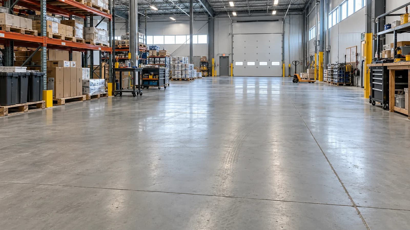 Illustrative warehouse aisle with a light grey industrial floor coating.