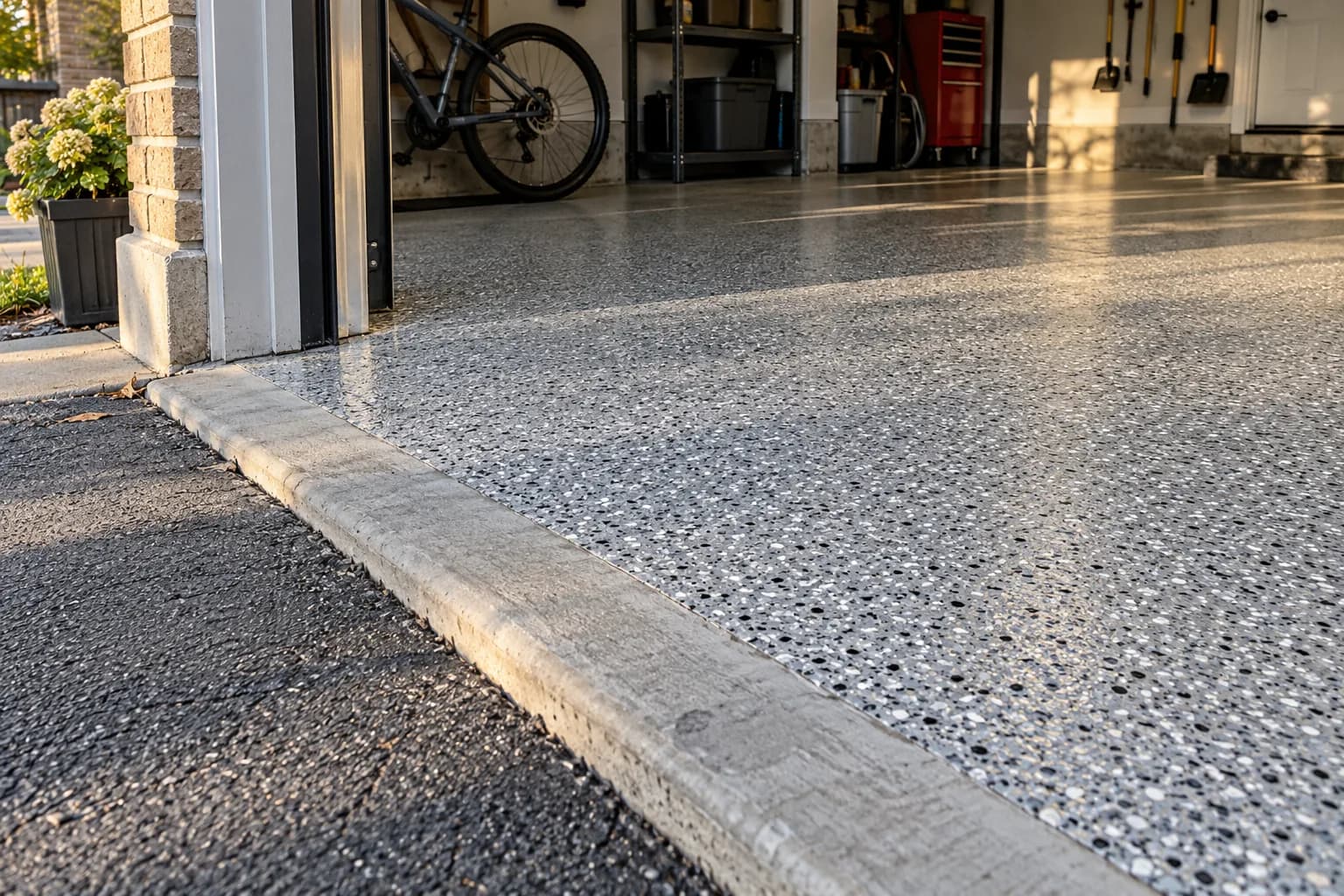 Close illustrative view of a speckled garage floor coating where it meets the driveway apron.